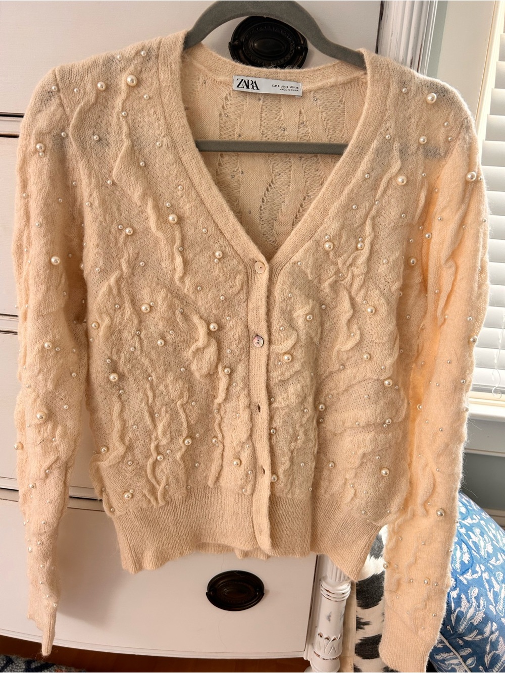 Zara Cream ecru Pearl Wool knit alpaca textured Cardigan Sweater.